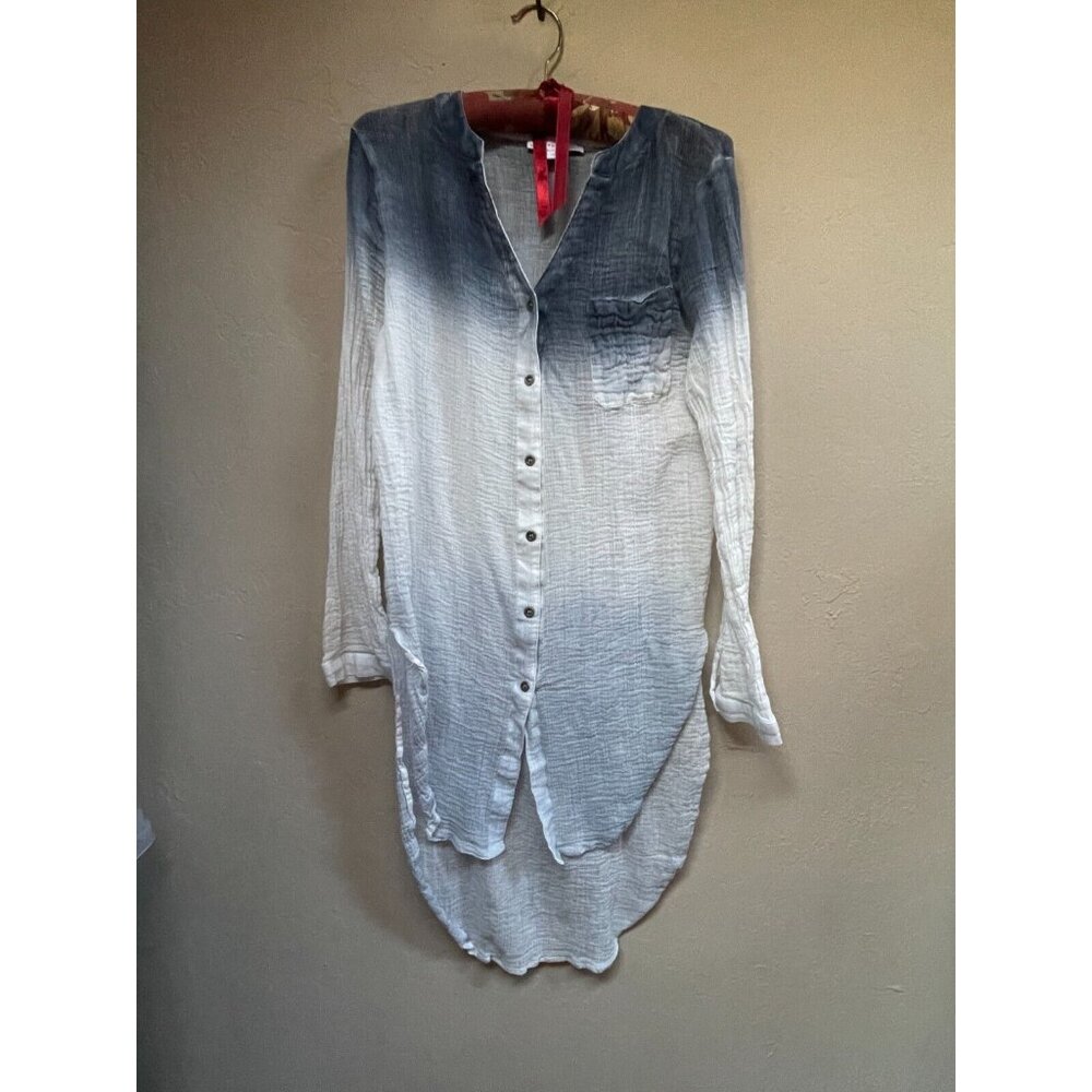 JW Style Womens Tunic Top Shirt Long Sleeve Button Down Medium Ombre Gray Cotton